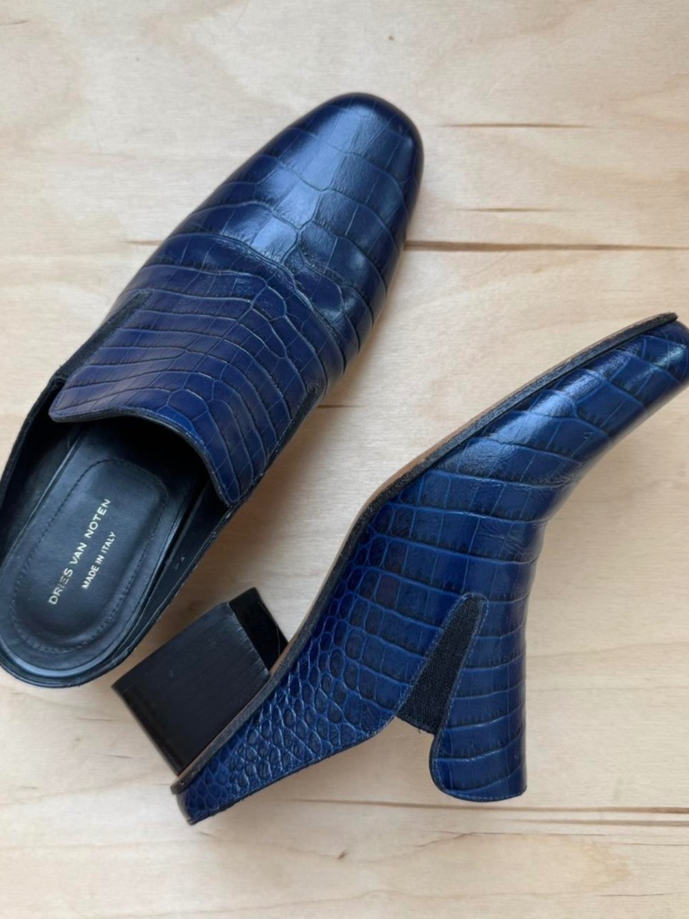 Dries Van Noten blue crocodile mule slides